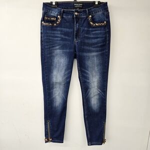 Frank Lyman High Rise Dark Denim Animal Print Zipper Detail Jeans Size L